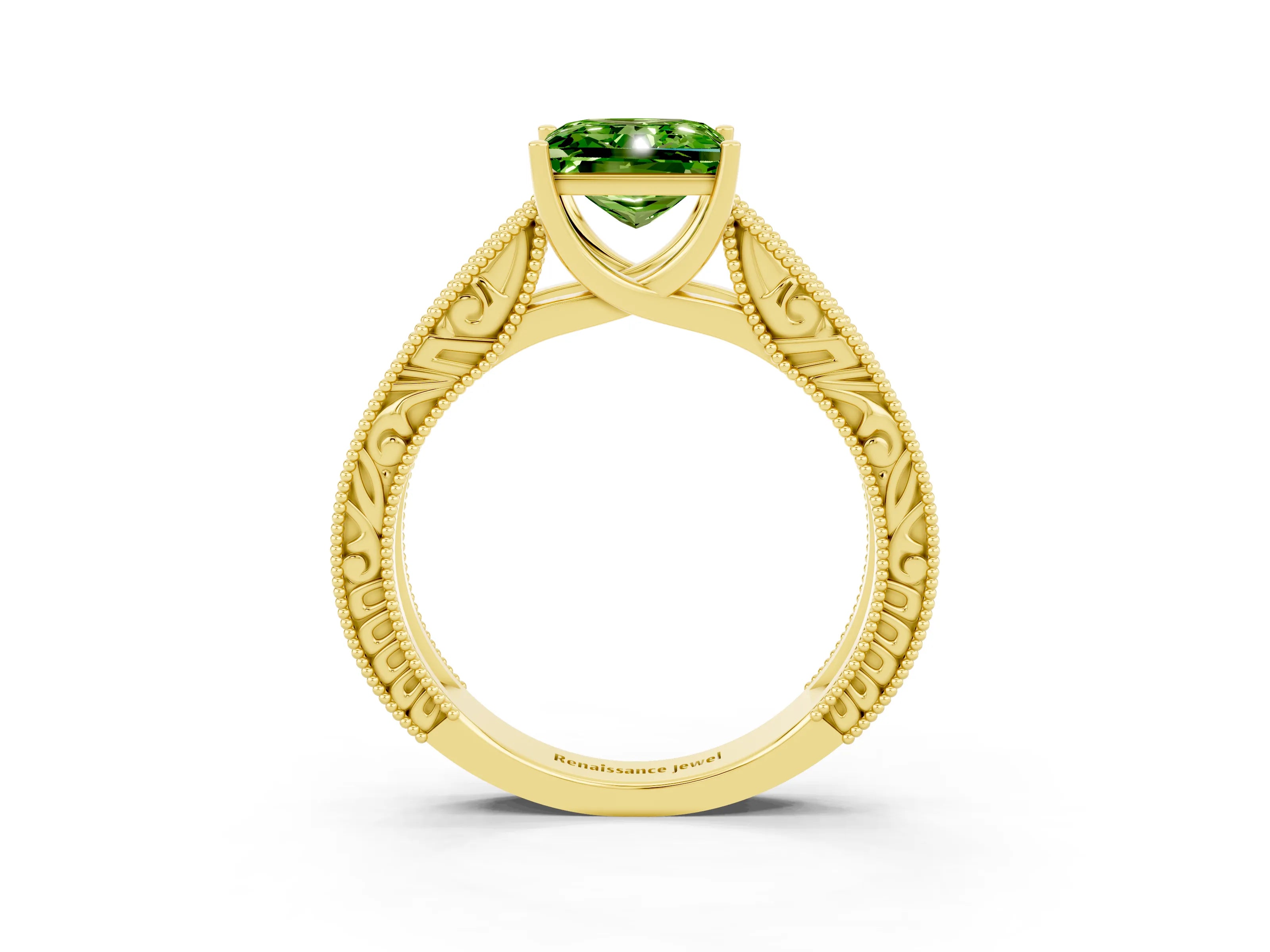Yellow gold Princess Cut Peridot Solitaire Ring with Engraved Band and Four-Prong Setting_3