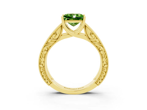 Yellow gold Princess Cut Peridot Solitaire Ring with Engraved Band and Four-Prong Setting_3
