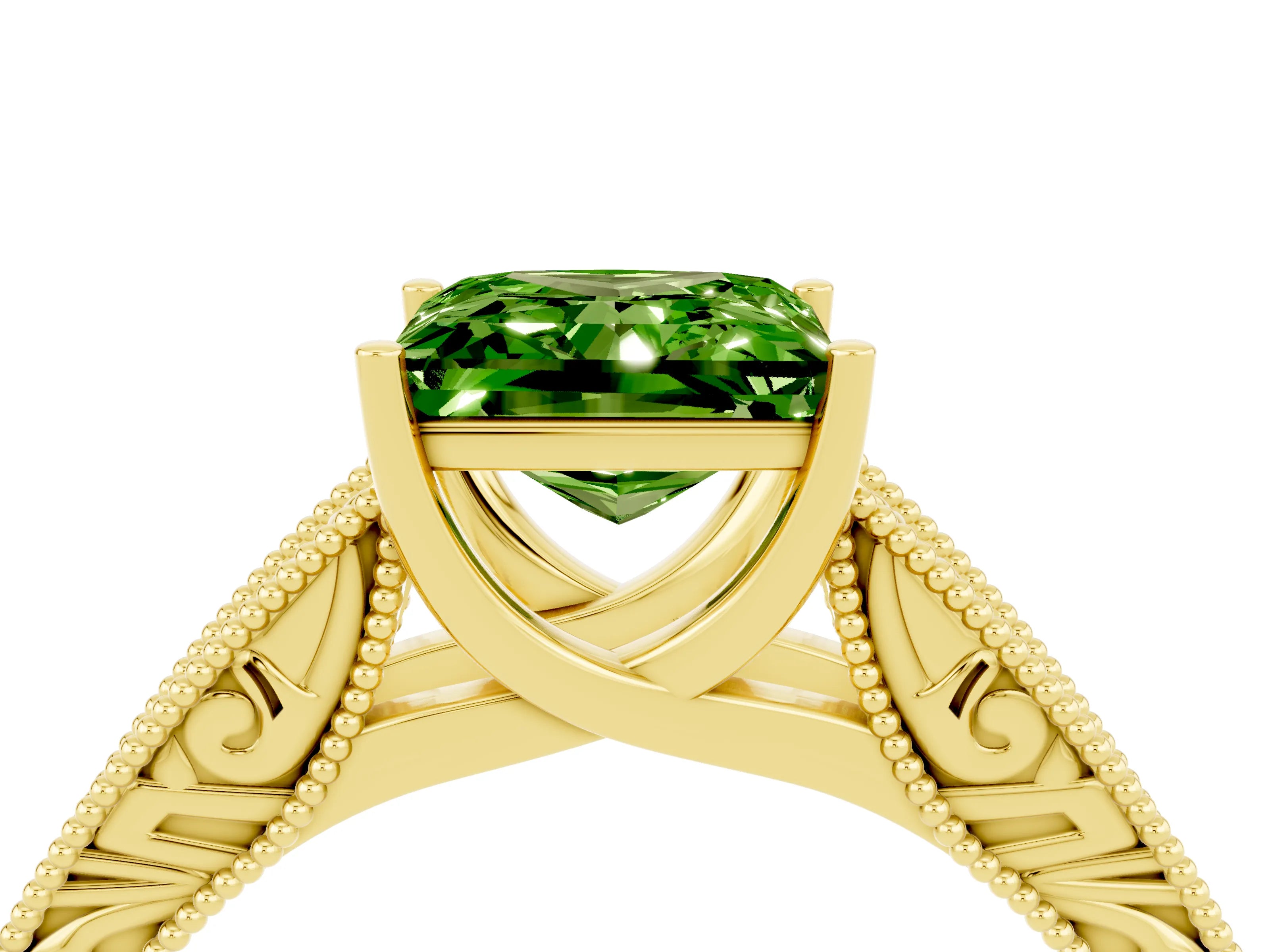 Yellow gold Princess Cut Peridot Solitaire Ring with Engraved Band and Four-Prong Setting_4