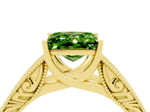 Yellow gold Princess Cut Peridot Solitaire Ring with Engraved Band and Four-Prong Setting_4