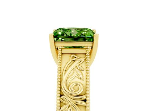 Yellow gold Princess Cut Peridot Solitaire Ring with Engraved Band and Four-Prong Setting_5