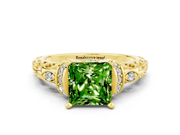Yellow gold Princess Cut Peridot Solitaire Ring with Filigree Band and Four-Prong Setting