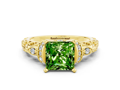 Yellow gold Princess Cut Peridot Solitaire Ring with Filigree Band and Four-Prong Setting_24