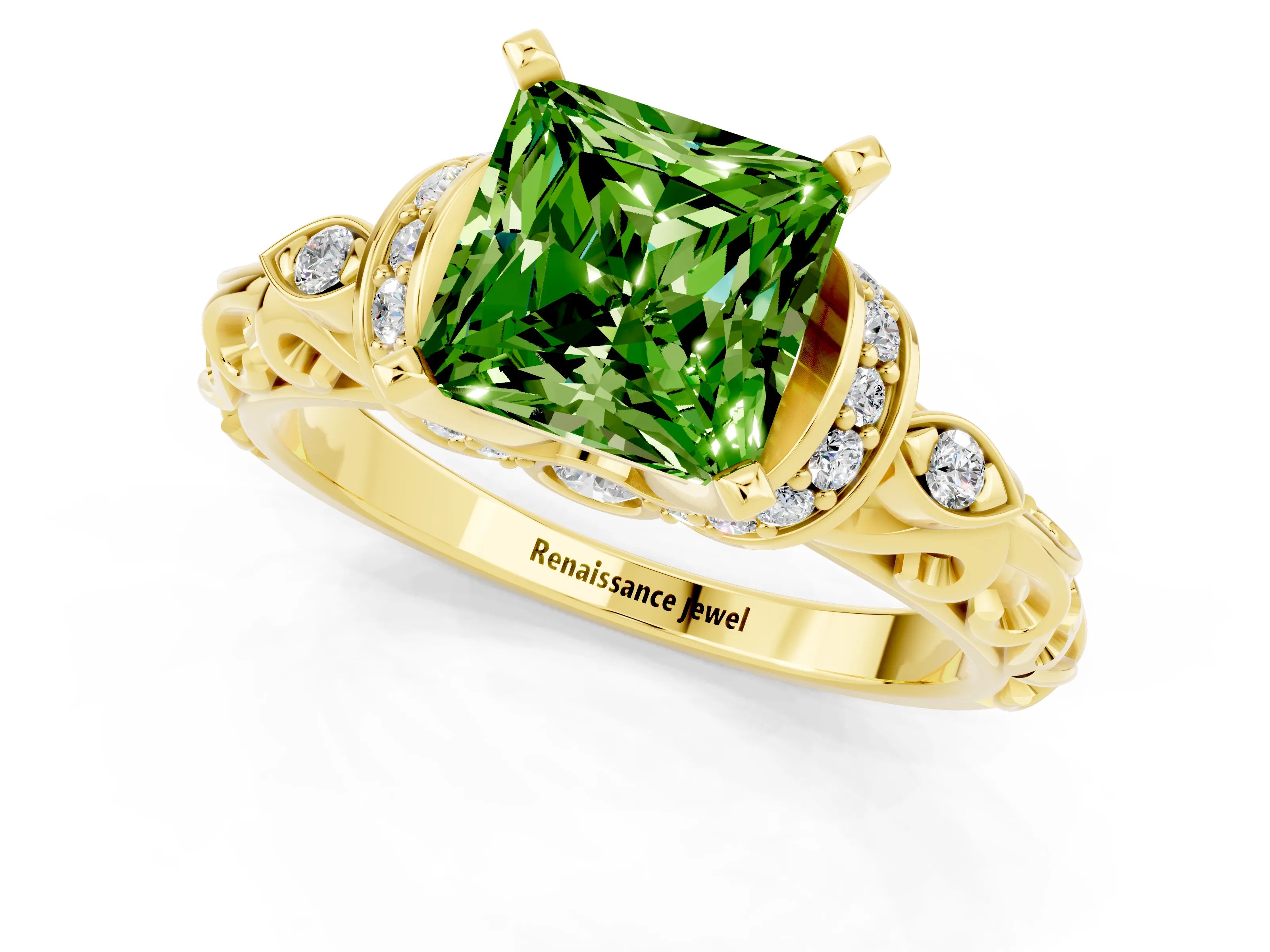 Yellow gold Princess Cut Peridot Solitaire Ring with Filigree Band and Four-Prong Setting_25