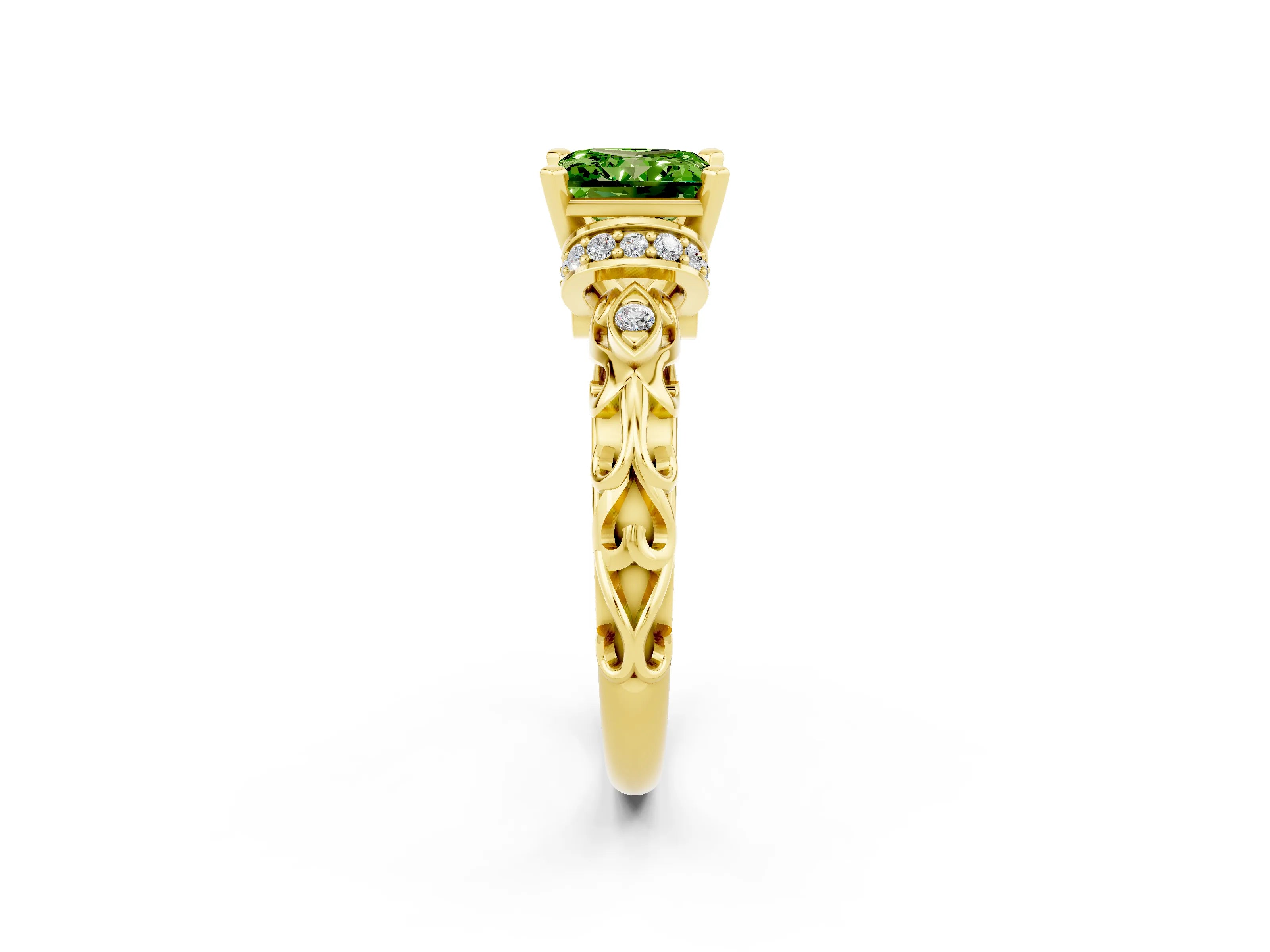 Yellow gold Princess Cut Peridot Solitaire Ring with Filigree Band and Four-Prong Setting_26