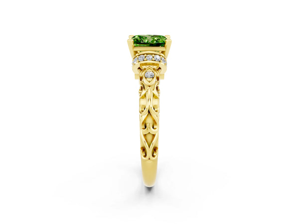 Yellow gold Princess Cut Peridot Solitaire Ring with Filigree Band and Four-Prong Setting