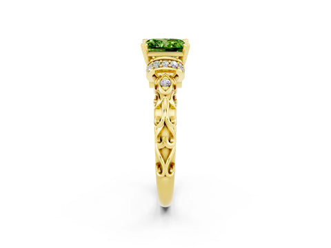 Yellow gold Princess Cut Peridot Solitaire Ring with Filigree Band and Four-Prong Setting_26