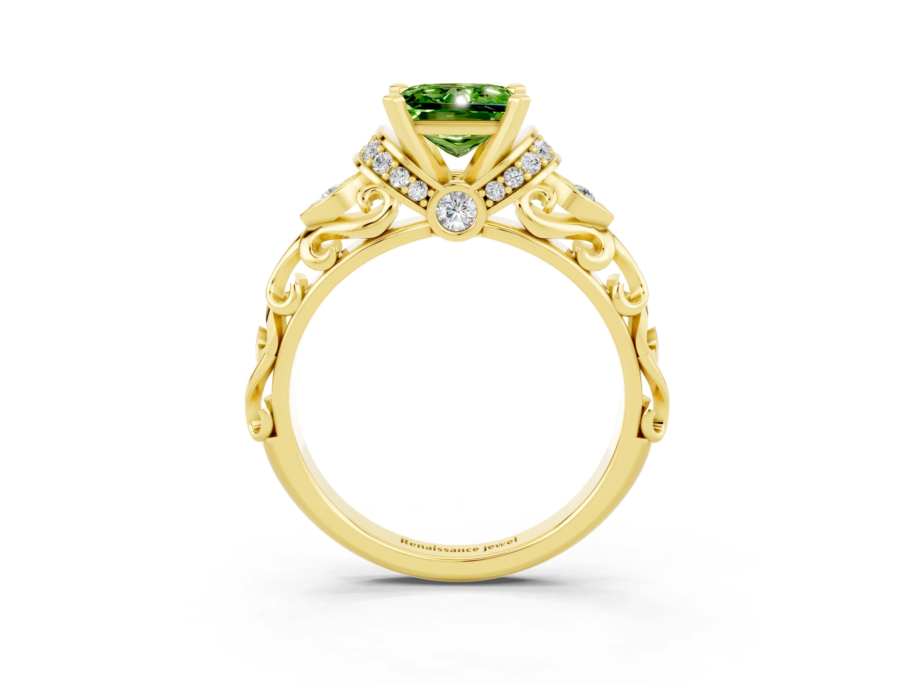 Yellow gold Princess Cut Peridot Solitaire Ring with Filigree Band and Four-Prong Setting_27