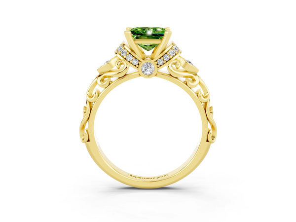 Yellow gold Princess Cut Peridot Solitaire Ring with Filigree Band and Four-Prong Setting