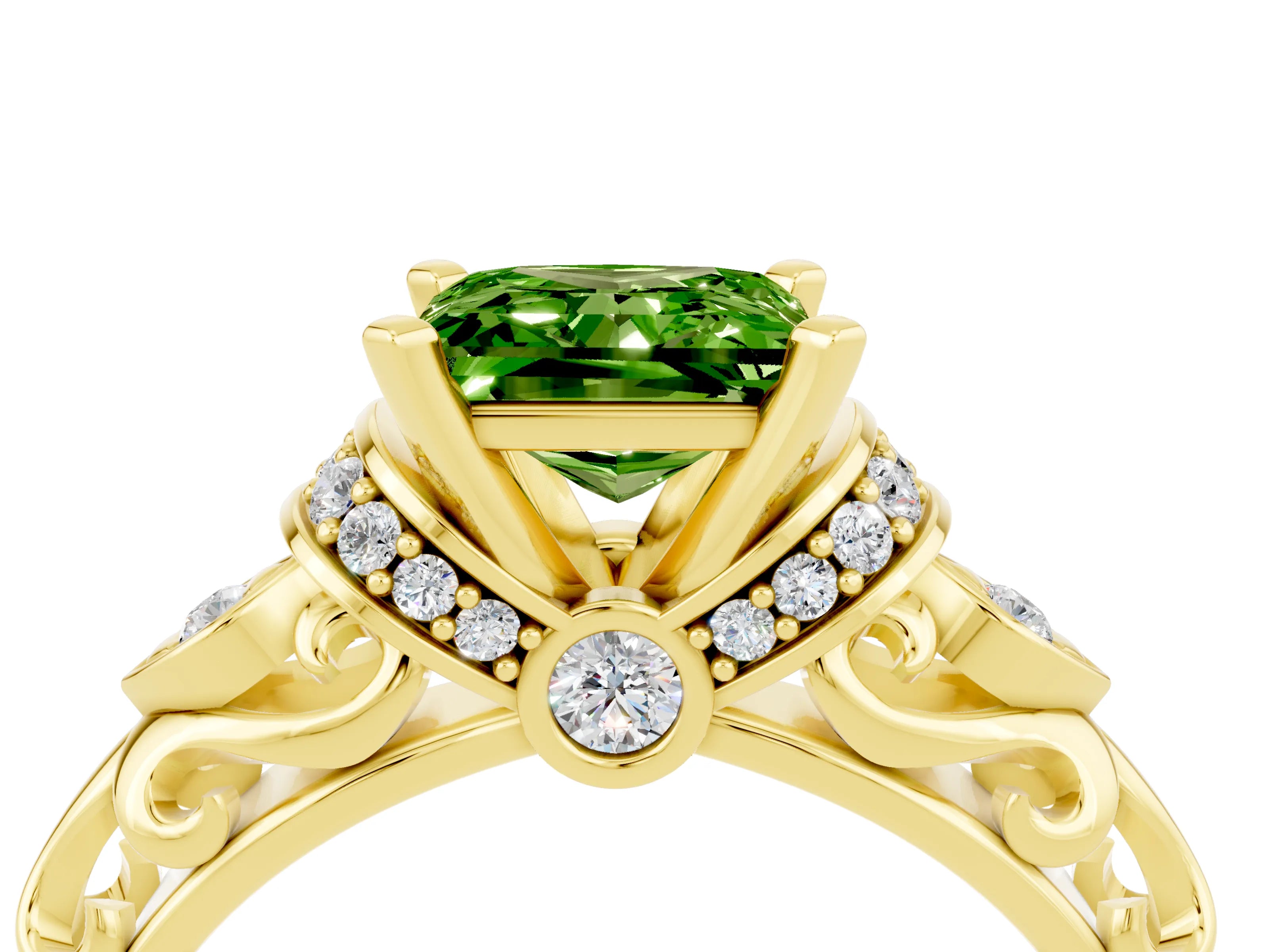 Yellow gold Princess Cut Peridot Solitaire Ring with Filigree Band and Four-Prong Setting_28