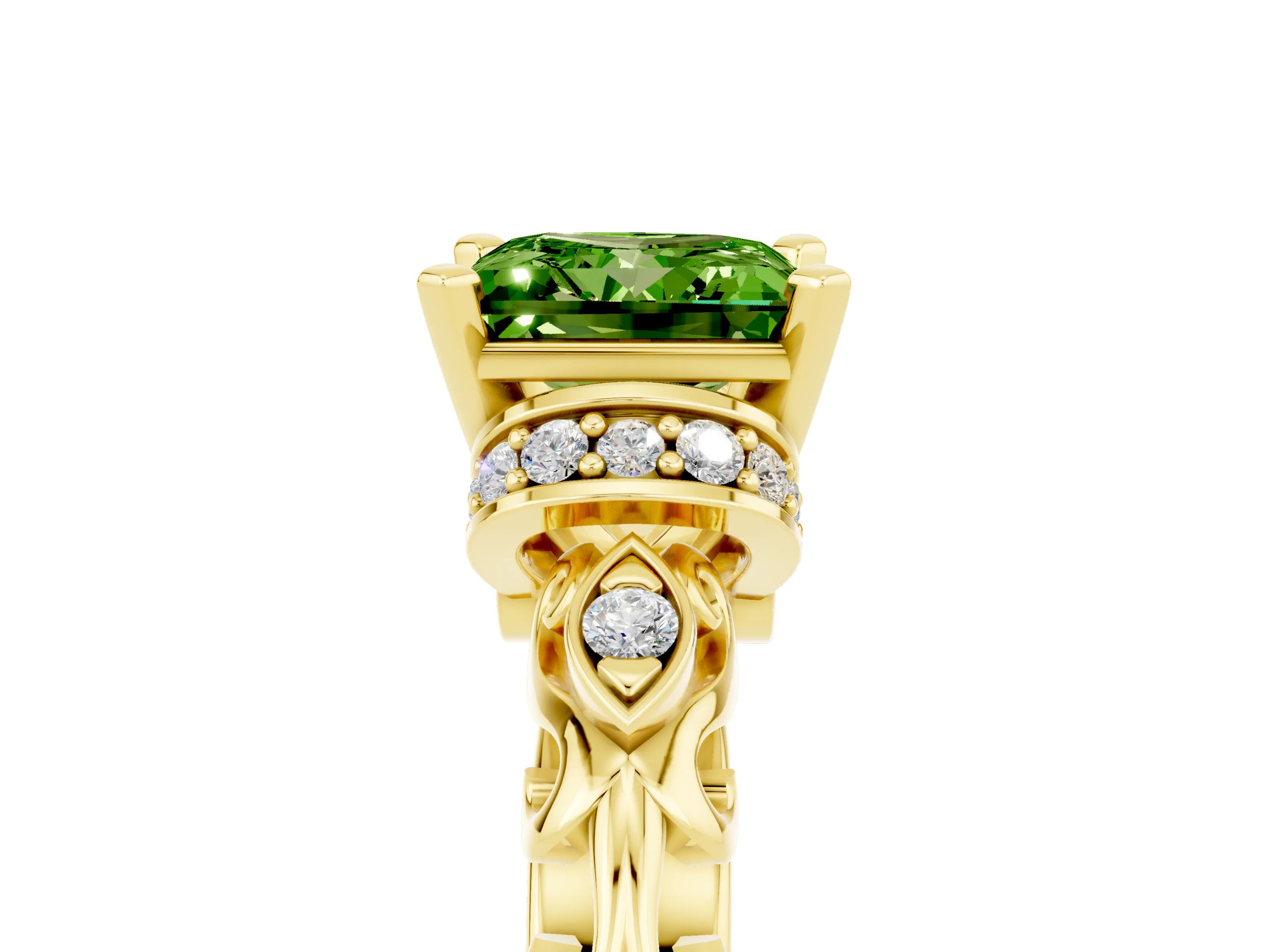 Yellow gold Princess Cut Peridot Solitaire Ring with Filigree Band and Four-Prong Setting_29