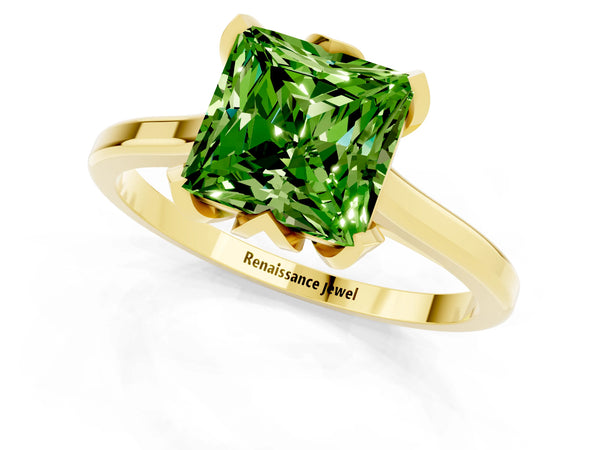 Yellow gold Princess Cut Peridot Solitaire Ring with Flower Prong Setting and Classic Band