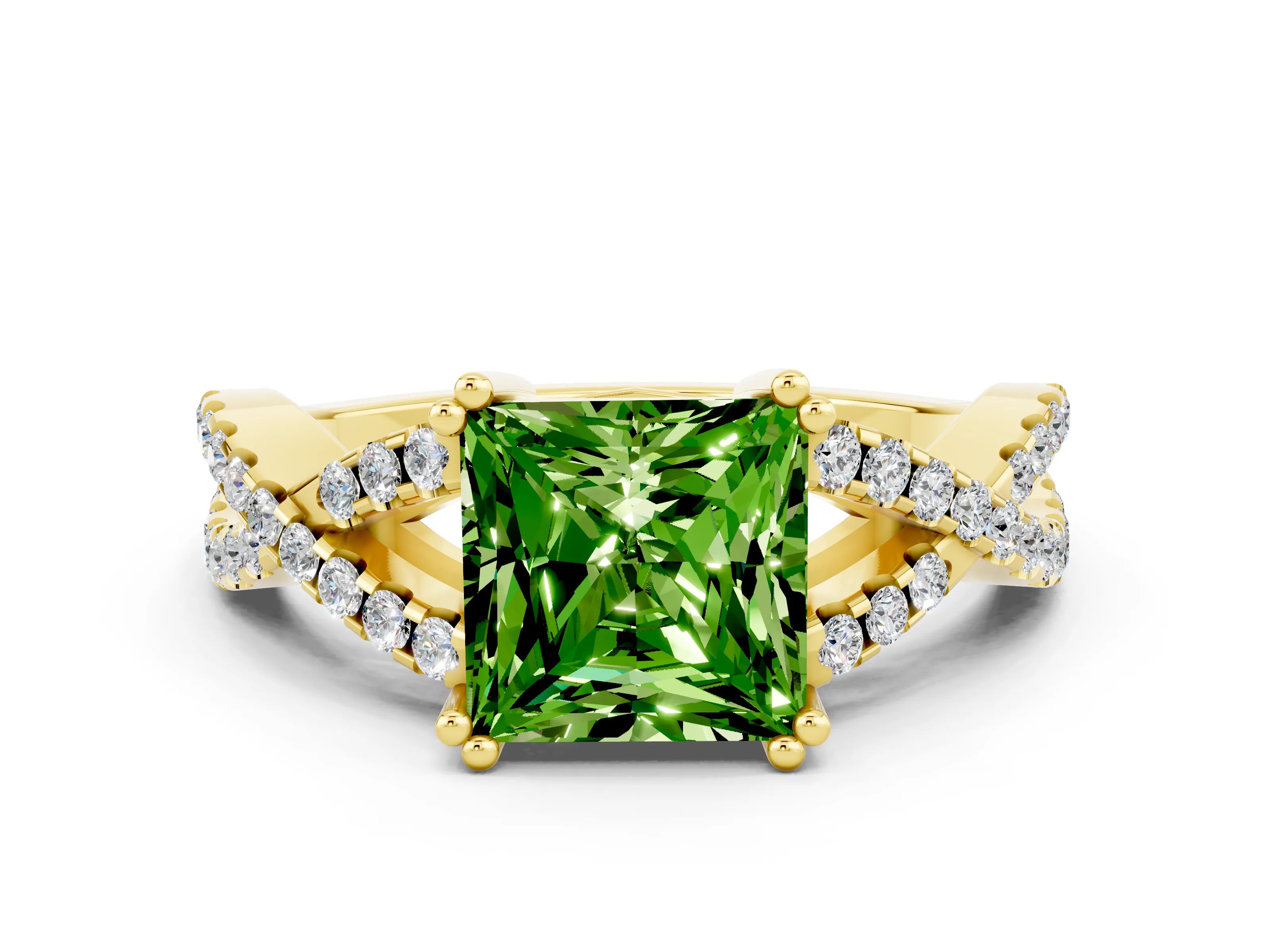 Yellow gold Princess Cut Peridot Solitaire Ring with Four-Prong Setting and Twisted Pavé Band