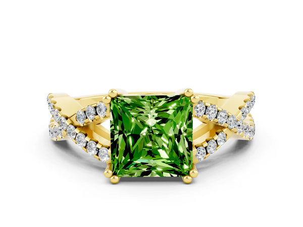 Yellow gold Princess Cut Peridot Solitaire Ring with Four-Prong Setting and Twisted Pavé Band