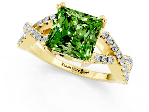 Yellow gold Princess Cut Peridot Solitaire Ring with Four-Prong Setting and Twisted Pavé Band