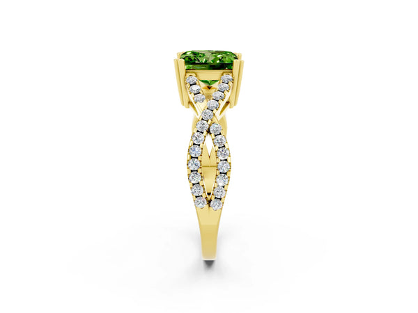 Yellow gold Princess Cut Peridot Solitaire Ring with Four-Prong Setting and Twisted Pavé Band