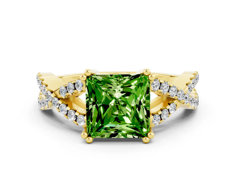 Yellow gold Princess Cut Peridot Solitaire Ring with Four-Prong Setting and Twisted Pavé Band