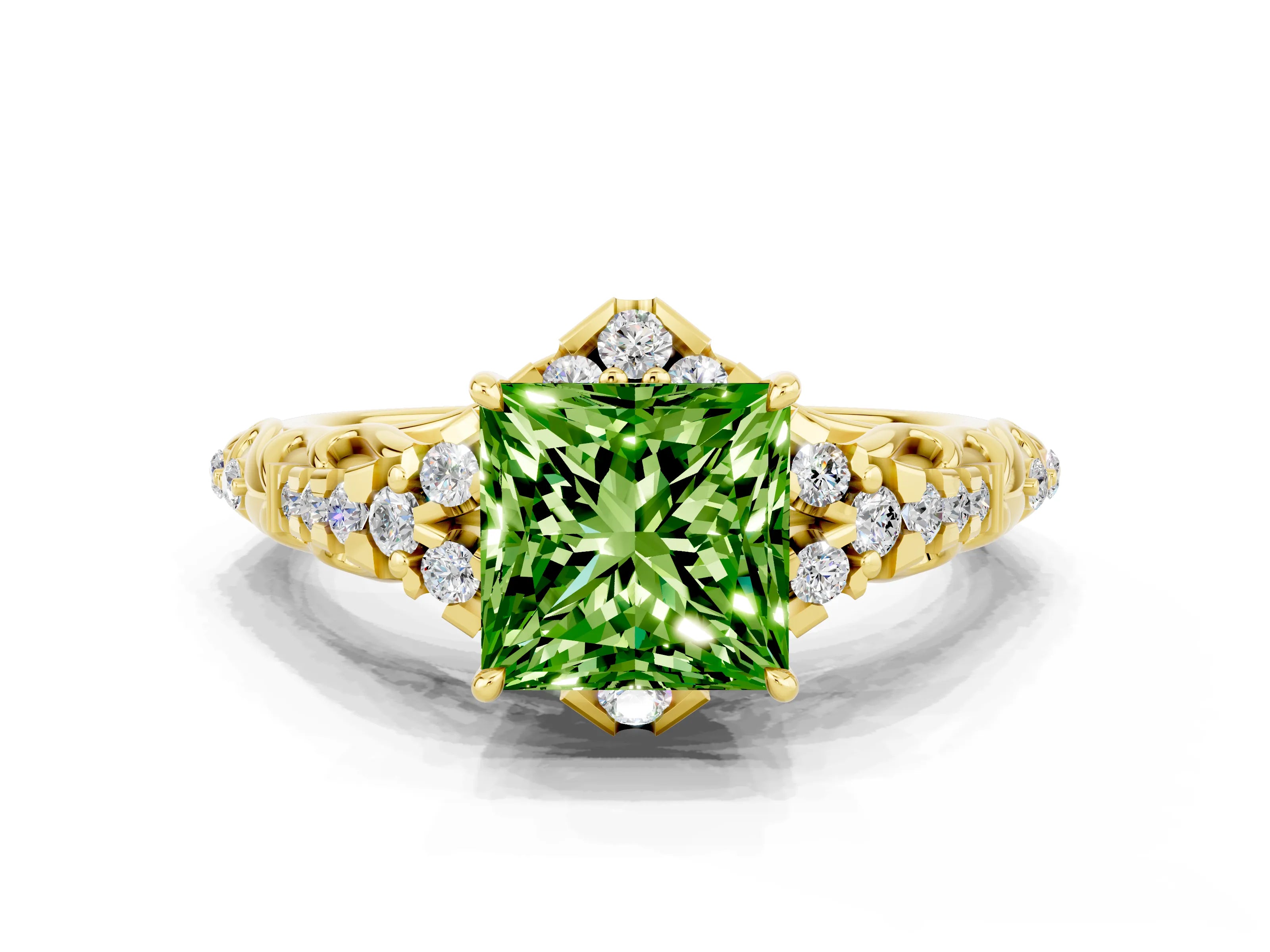 Yellow gold Princess Cut Peridot Solitaire Ring with Hidden Halo and Pavé Band_12