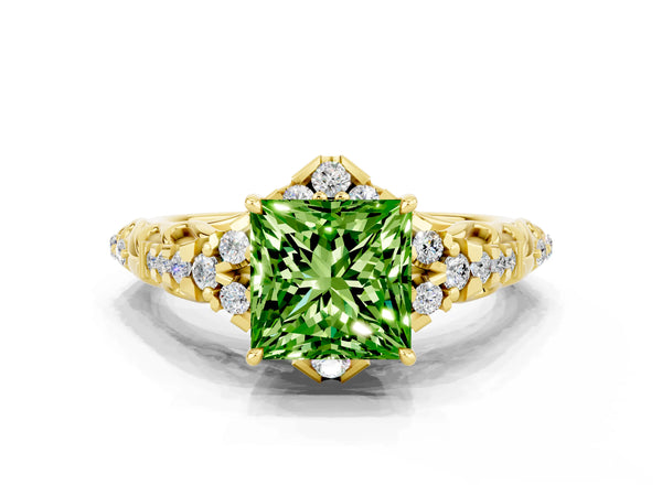 Yellow gold Princess Cut Peridot Solitaire Ring with Hidden Halo and Pavé Band
