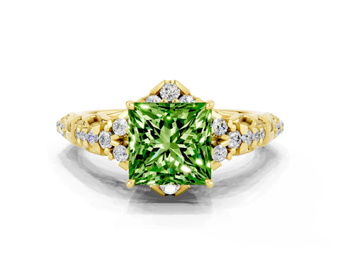 Yellow gold Princess Cut Peridot Solitaire Ring with Hidden Halo and Pavé Band_12