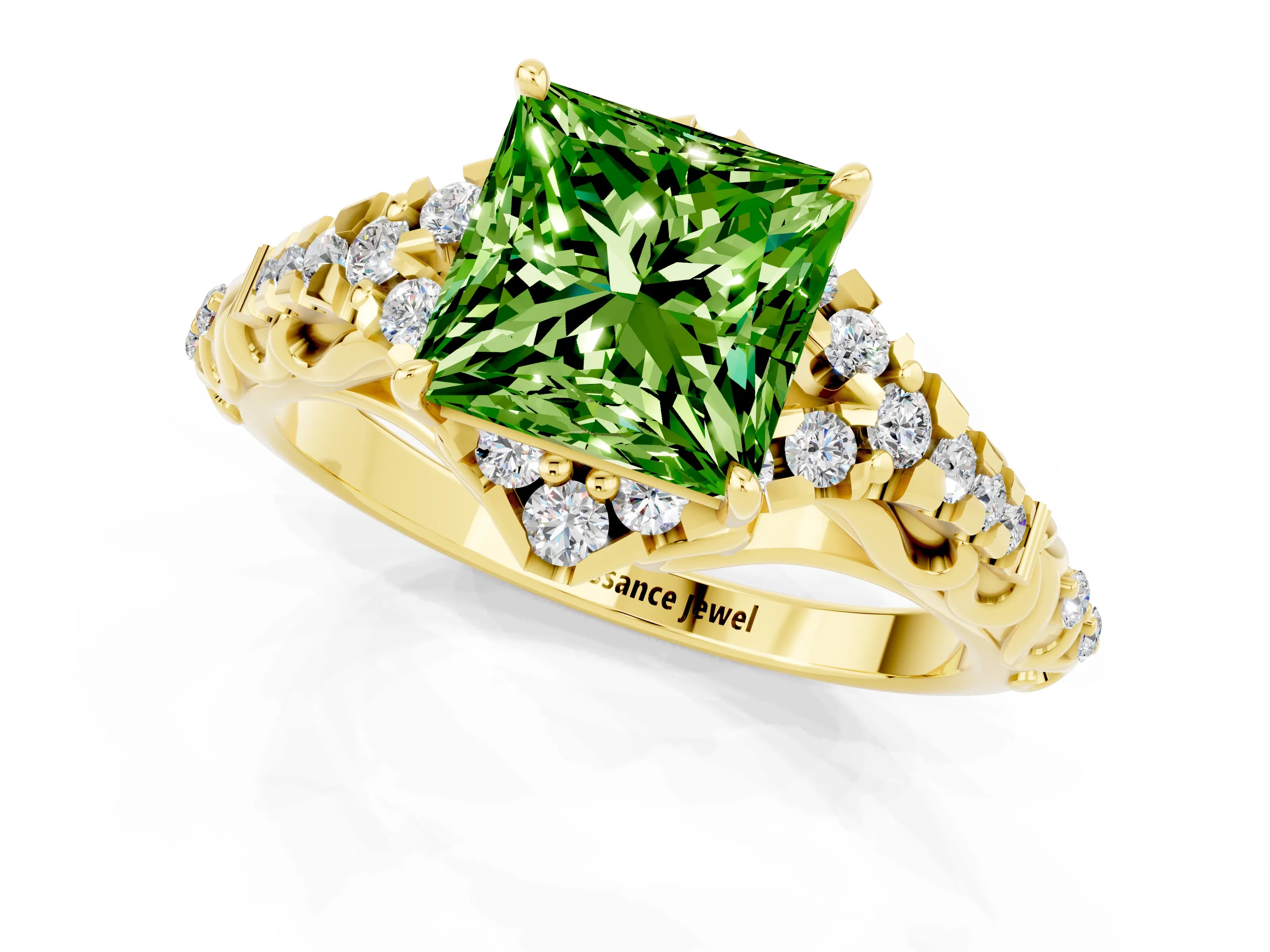 Yellow gold Princess Cut Peridot Solitaire Ring with Hidden Halo and Pavé Band_13