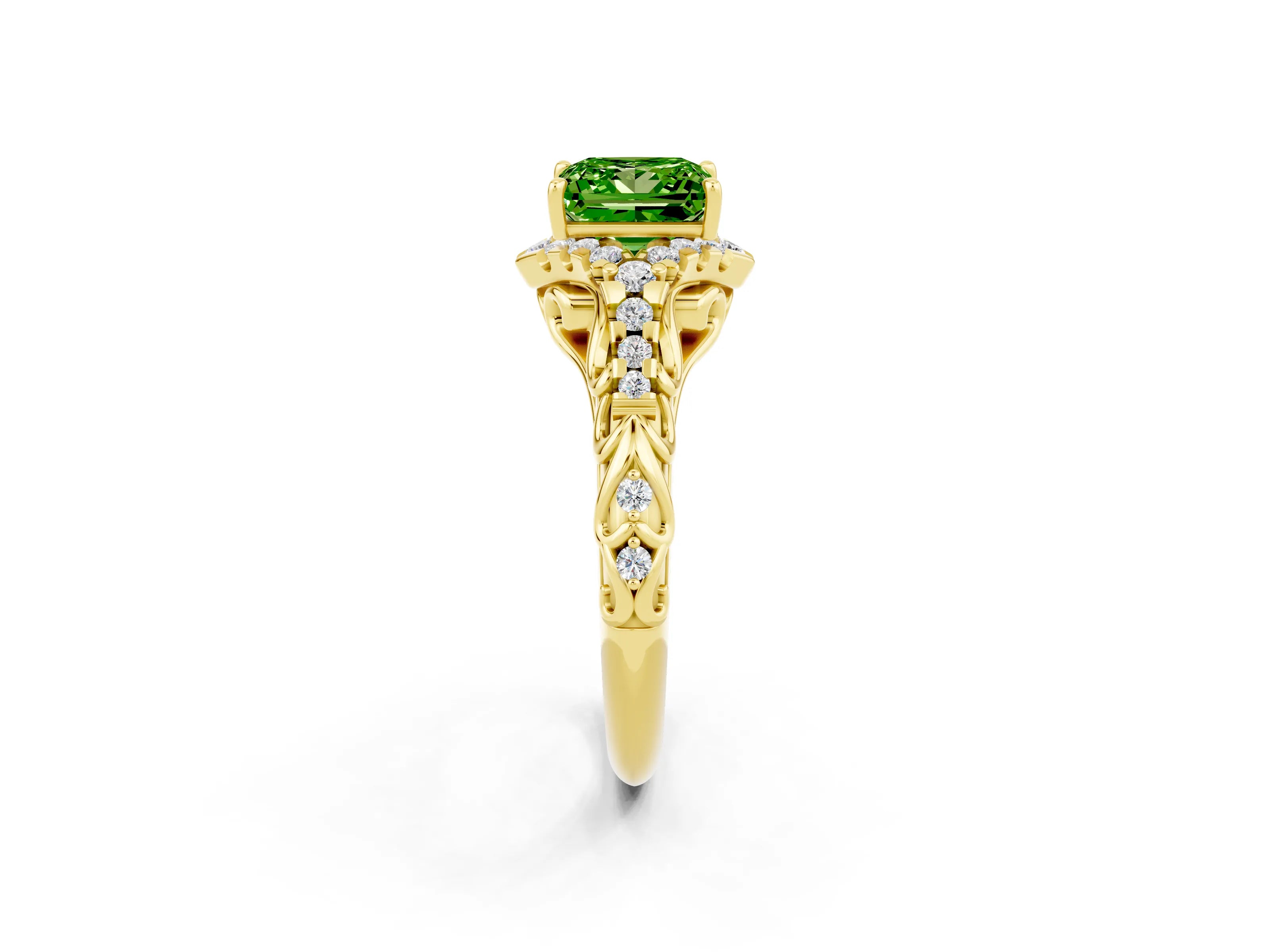 Yellow gold Princess Cut Peridot Solitaire Ring with Hidden Halo and Pavé Band_14