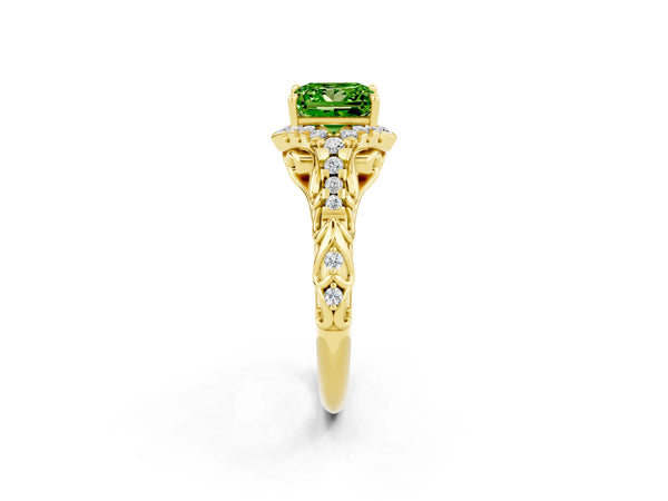 Yellow gold Princess Cut Peridot Solitaire Ring with Hidden Halo and Pavé Band