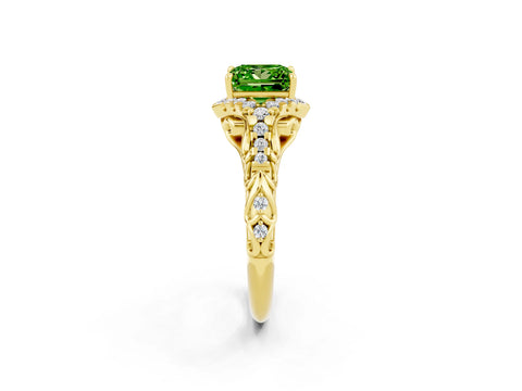 Yellow gold Princess Cut Peridot Solitaire Ring with Hidden Halo and Pavé Band_14
