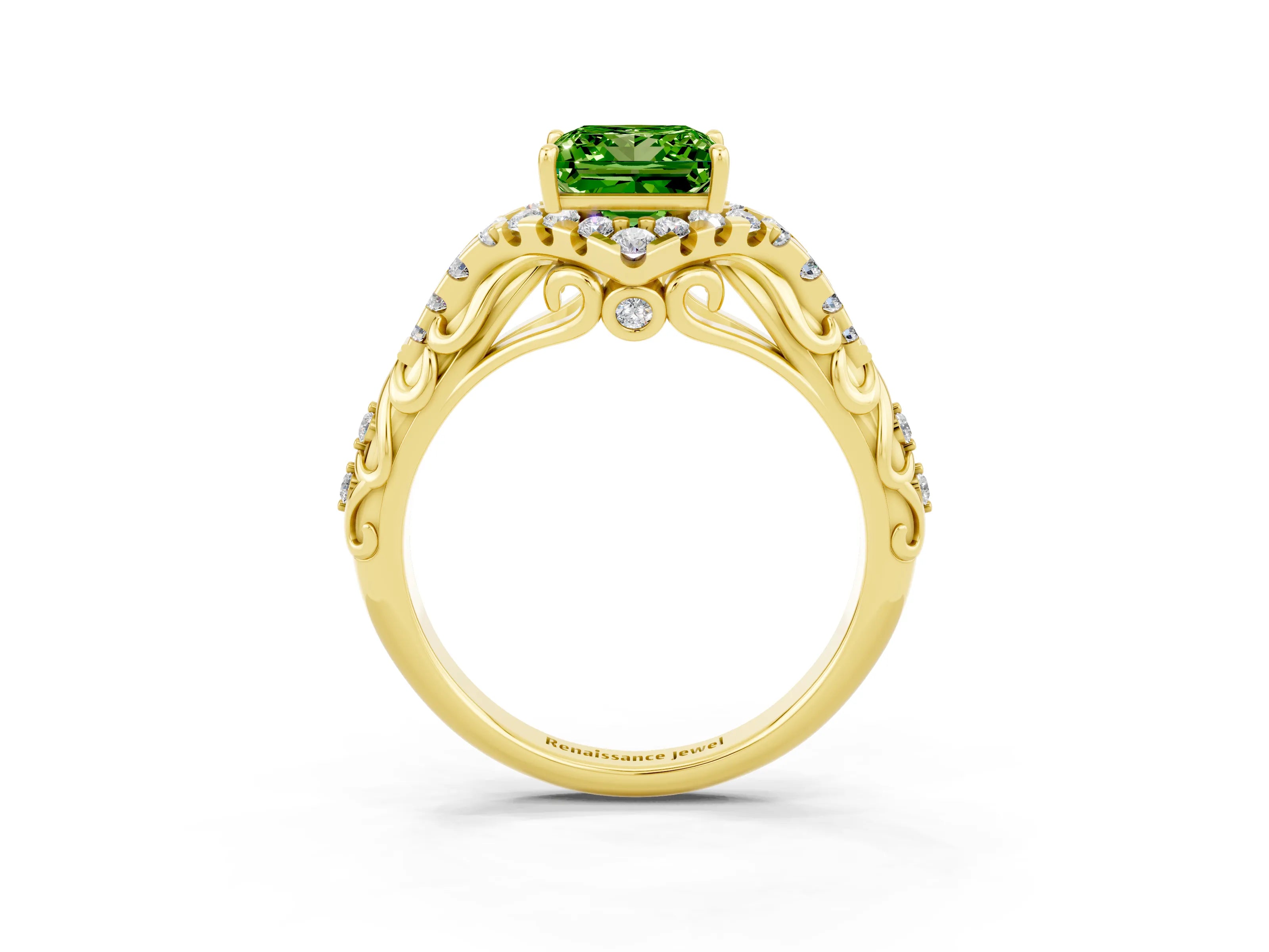 Yellow gold Princess Cut Peridot Solitaire Ring with Hidden Halo and Pavé Band_15