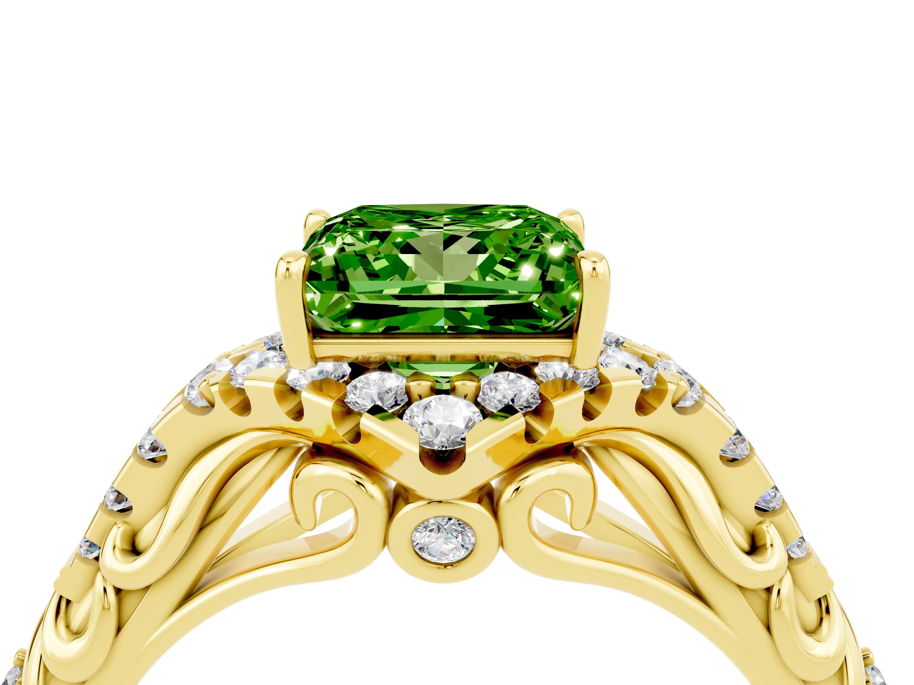 Yellow gold Princess Cut Peridot Solitaire Ring with Hidden Halo and Pavé Band_16