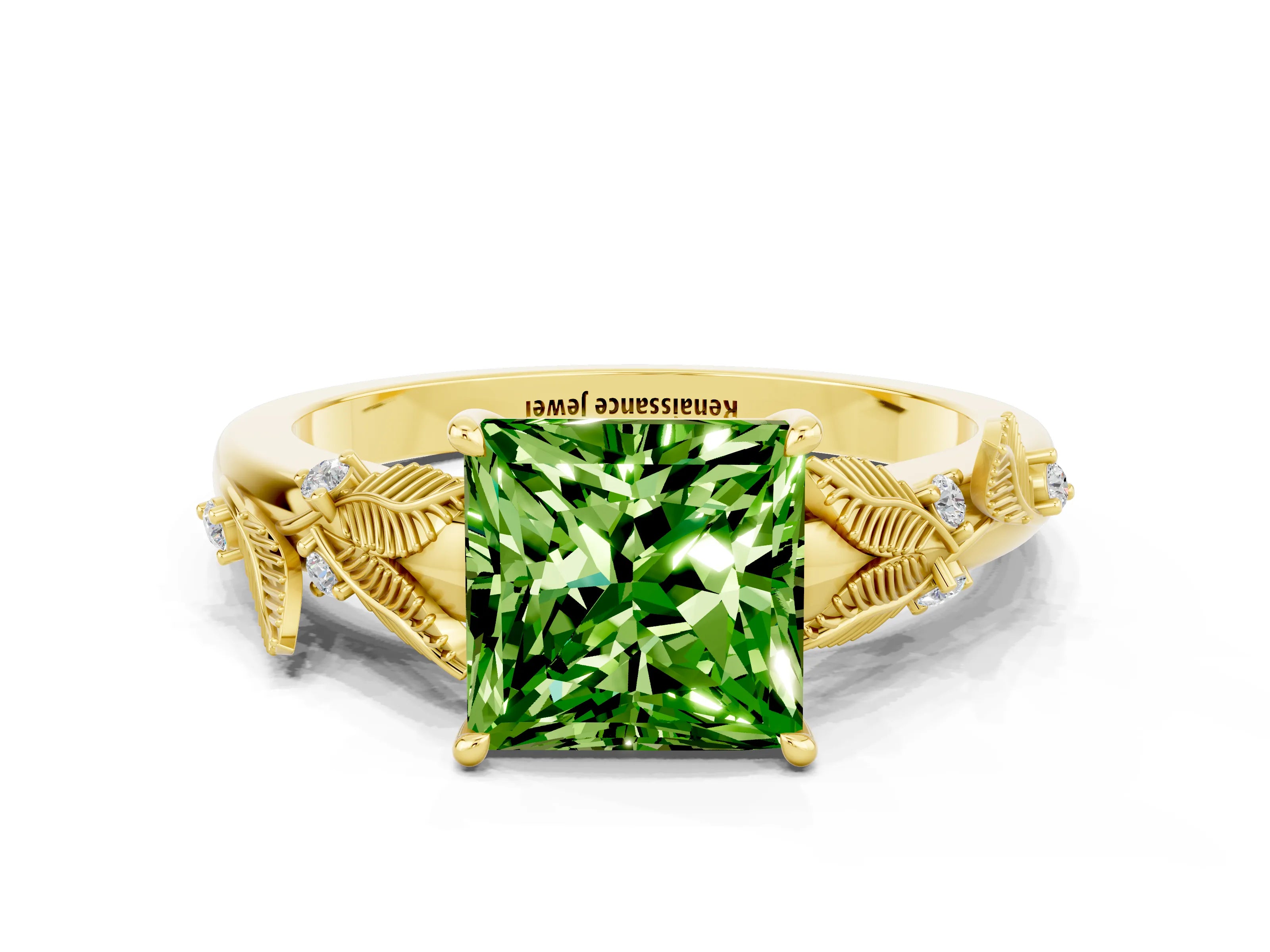 Yellow gold Princess Cut Peridot Solitaire Ring with Leaf Motif Band and Four-Prong Setting