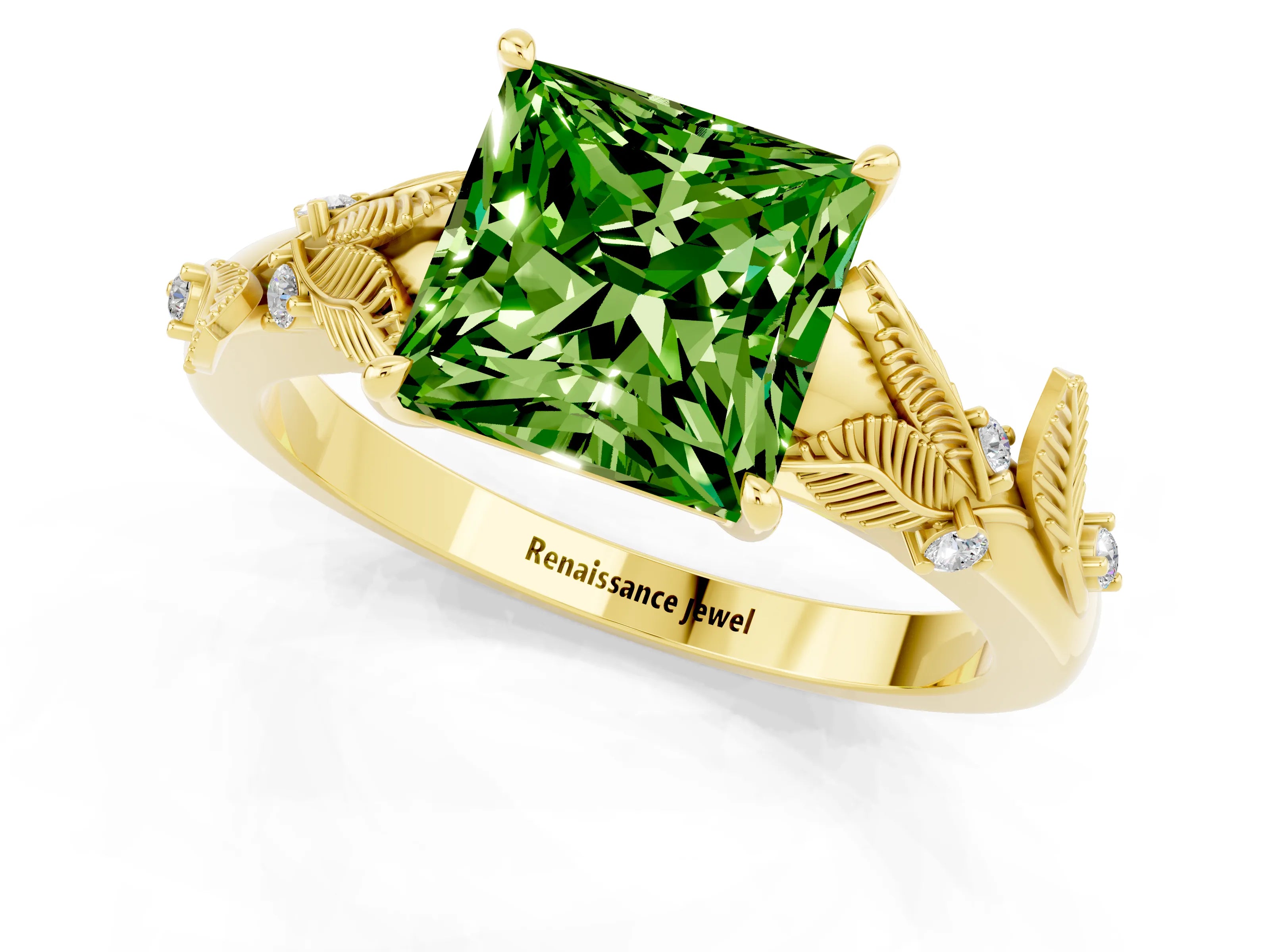 Yellow gold Princess Cut Peridot Solitaire Ring with Leaf Motif Band and Four-Prong Setting_1