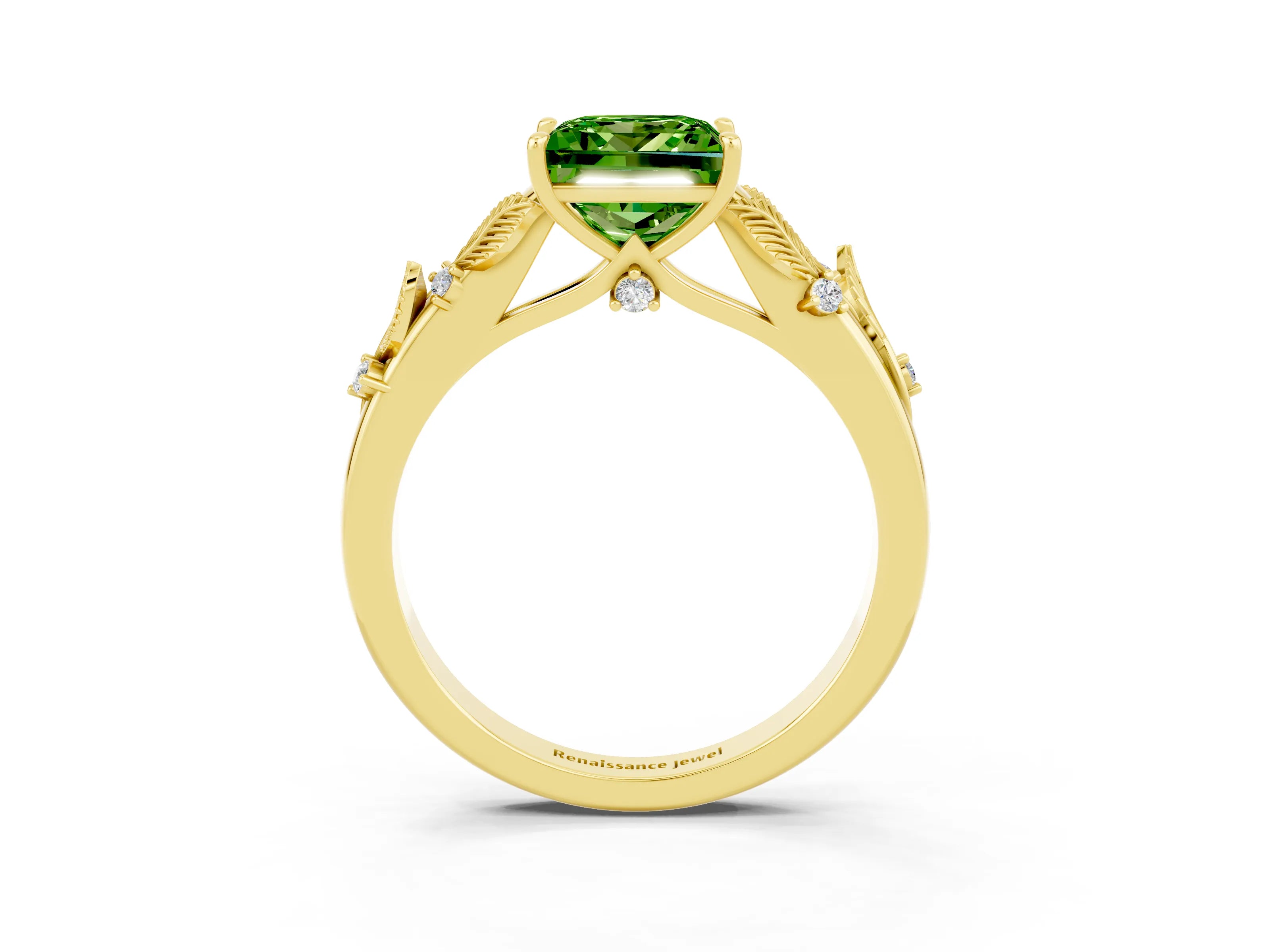 Yellow gold Princess Cut Peridot Solitaire Ring with Leaf Motif Band and Four-Prong Setting_3