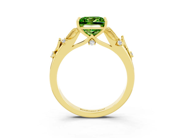 Yellow gold Princess Cut Peridot Solitaire Ring with Leaf Motif Band and Four-Prong Setting