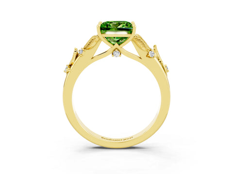 Yellow gold Princess Cut Peridot Solitaire Ring with Leaf Motif Band and Four-Prong Setting_3