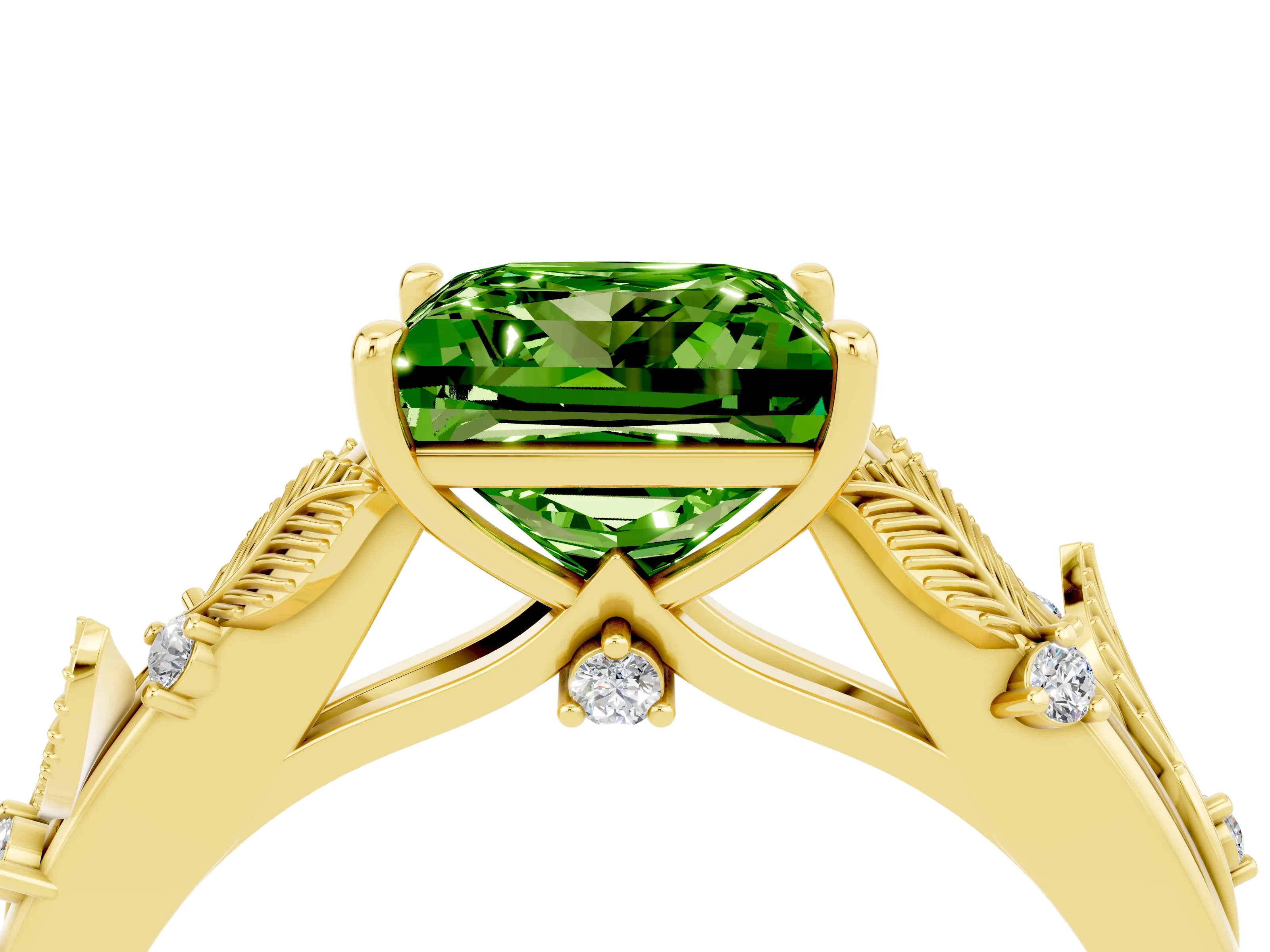 Yellow gold Princess Cut Peridot Solitaire Ring with Leaf Motif Band and Four-Prong Setting_4