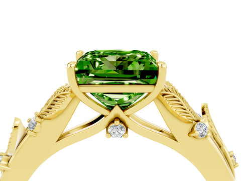 Yellow gold Princess Cut Peridot Solitaire Ring with Leaf Motif Band and Four-Prong Setting_4