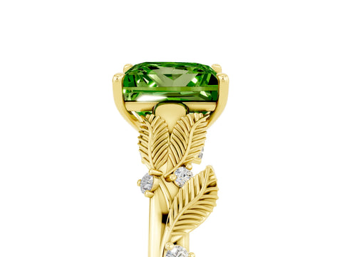 Yellow gold Princess Cut Peridot Solitaire Ring with Leaf Motif Band and Four-Prong Setting_5