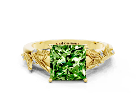 Yellow gold Princess Cut Peridot Solitaire Ring with Leaf Motif Band and Four-Prong Setting