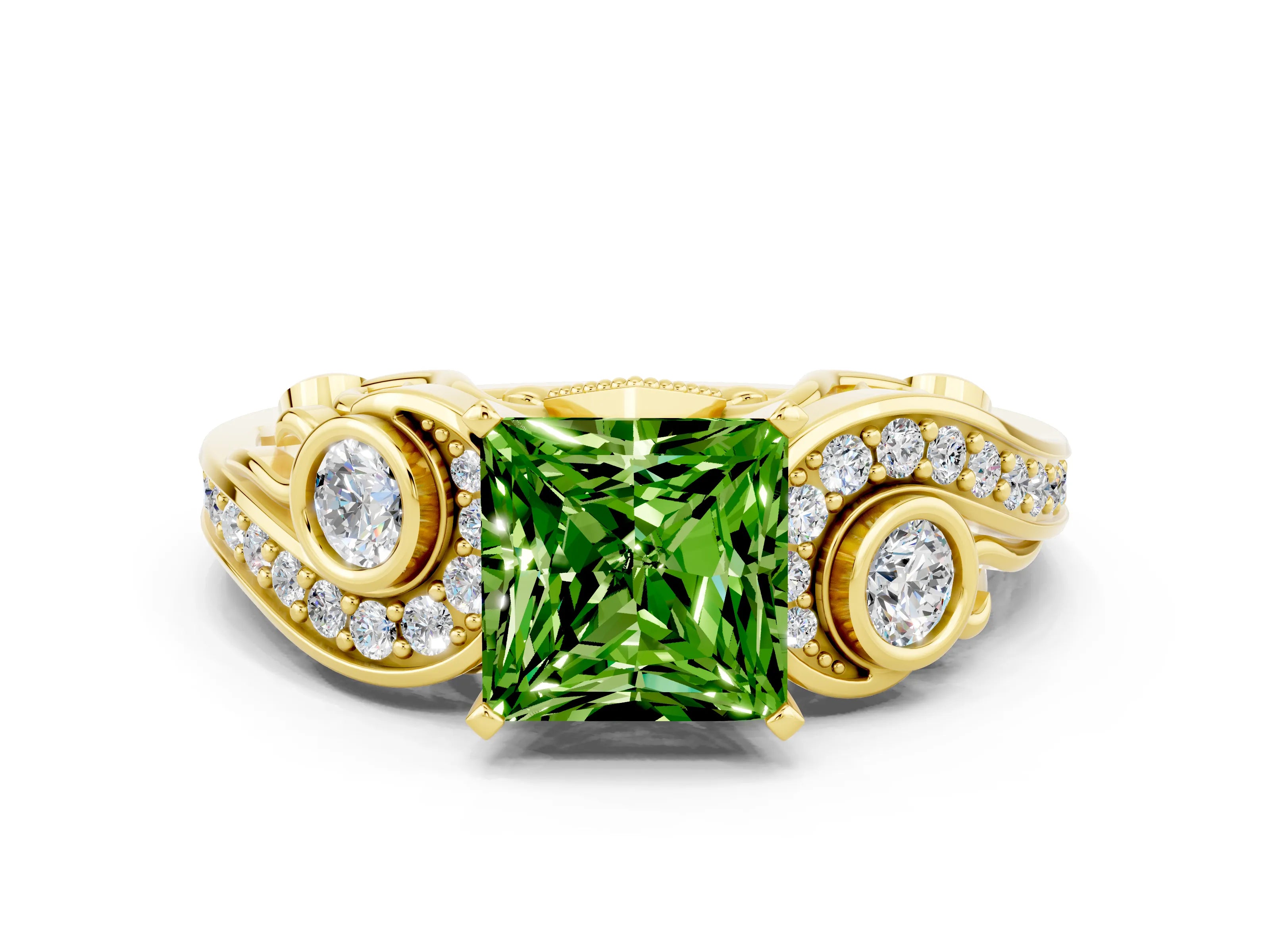 Yellow gold Princess Cut Peridot Solitaire Ring with Milgrain Pavé Band and Four-Prong Setting_24