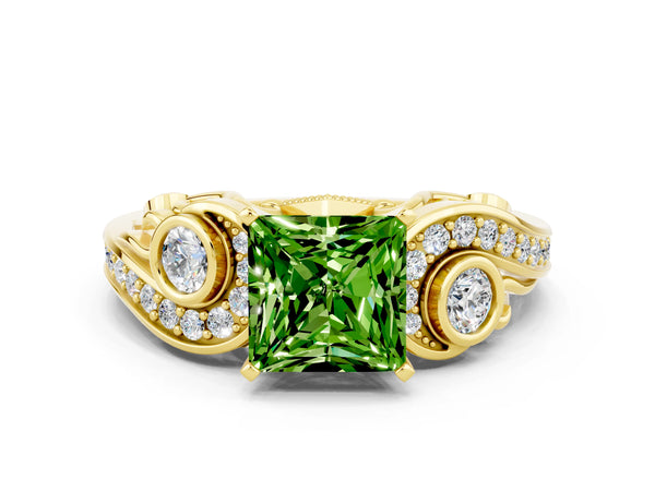 Yellow gold Princess Cut Peridot Solitaire Ring with Milgrain Pavé Band and Four-Prong Setting