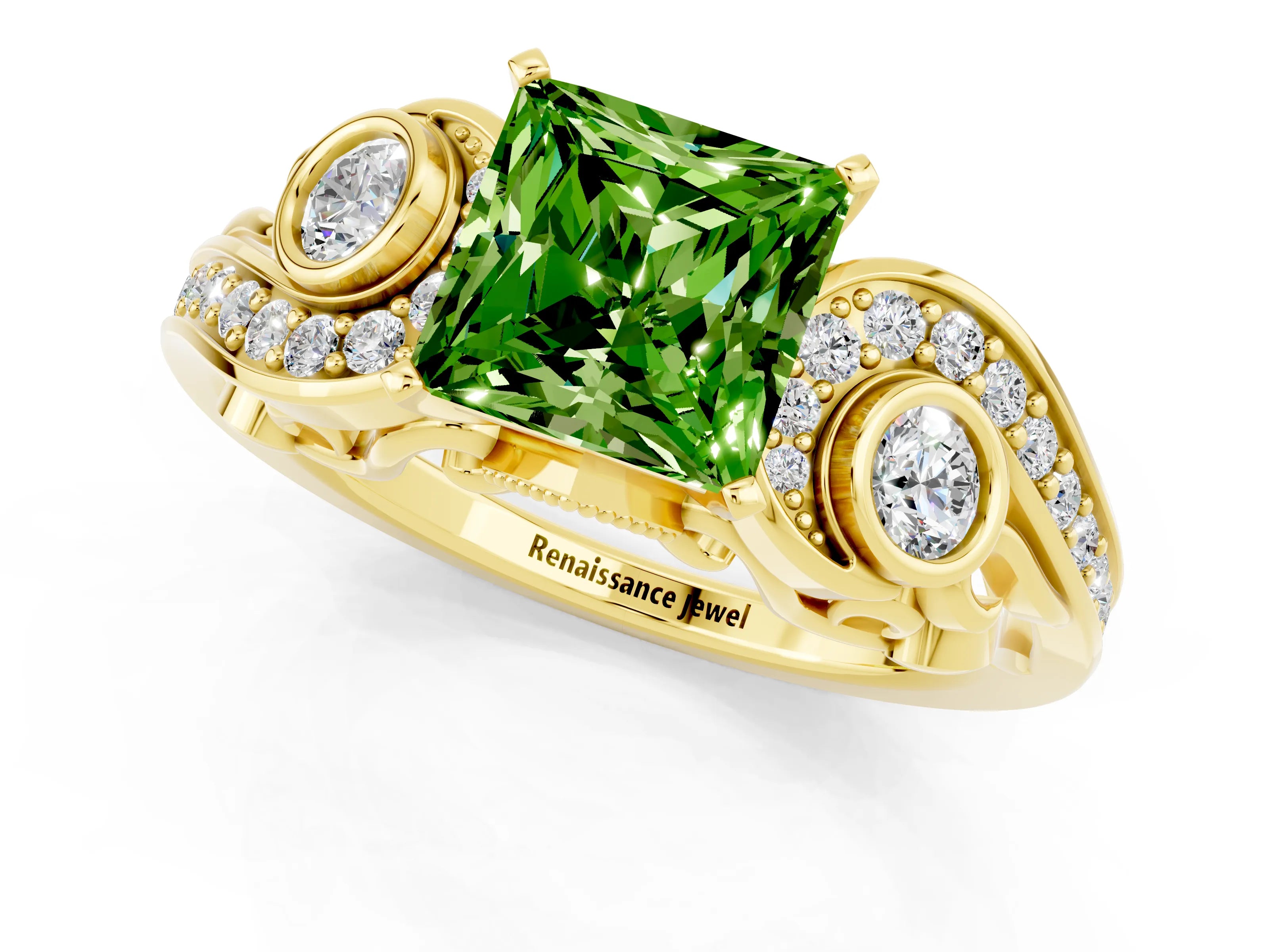 Yellow gold Princess Cut Peridot Solitaire Ring with Milgrain Pavé Band and Four-Prong Setting_25