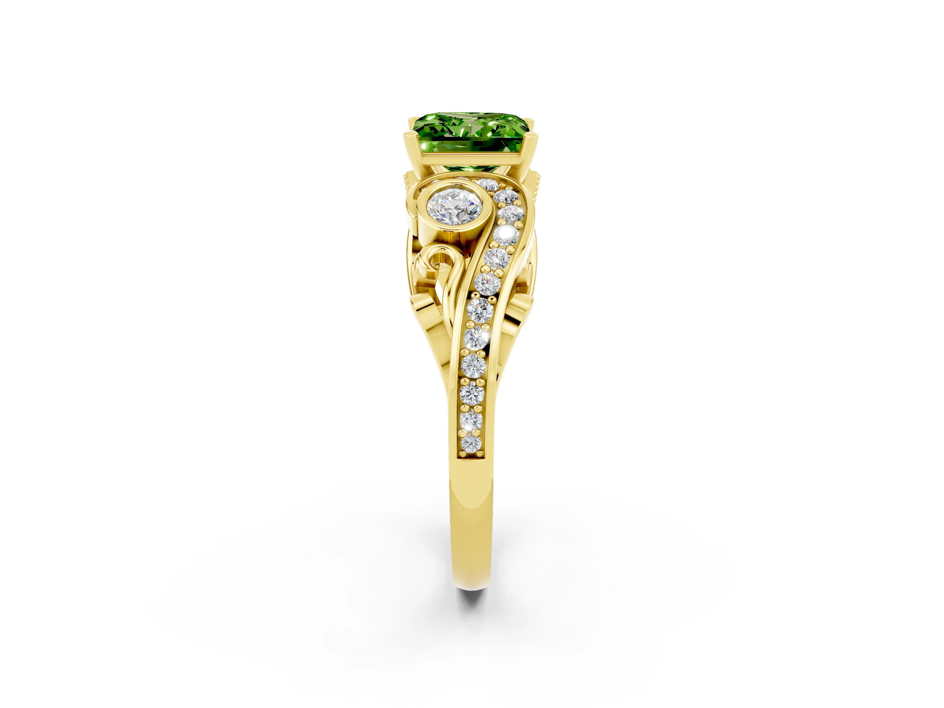 Yellow gold Princess Cut Peridot Solitaire Ring with Milgrain Pavé Band and Four-Prong Setting_26