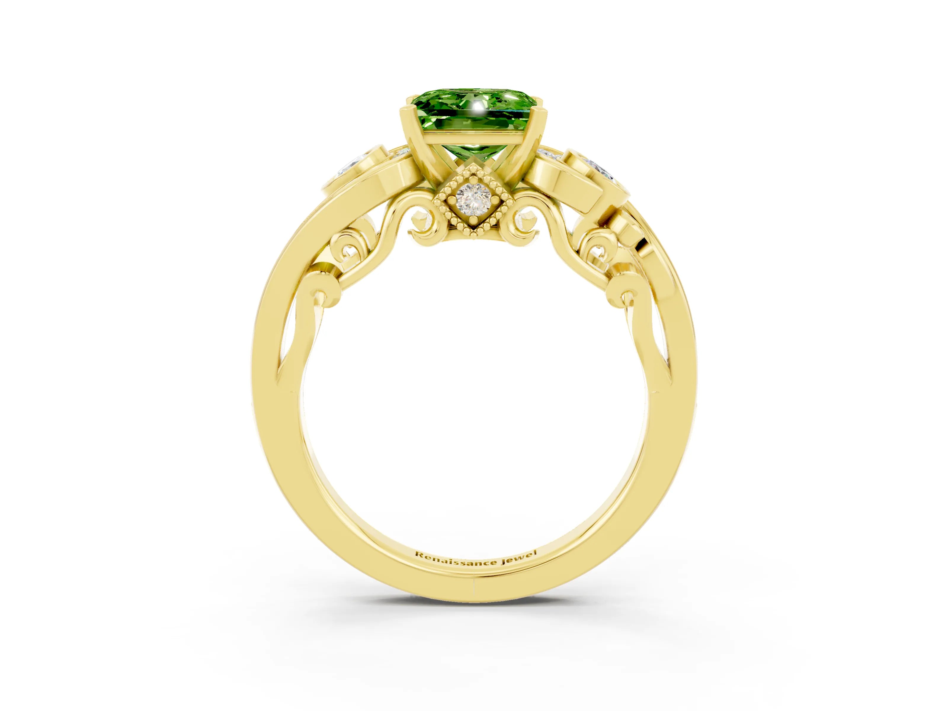 Yellow gold Princess Cut Peridot Solitaire Ring with Milgrain Pavé Band and Four-Prong Setting_27