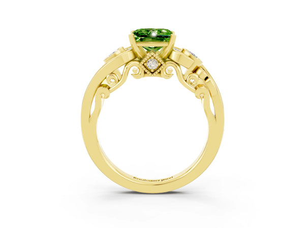 Yellow gold Princess Cut Peridot Solitaire Ring with Milgrain Pavé Band and Four-Prong Setting