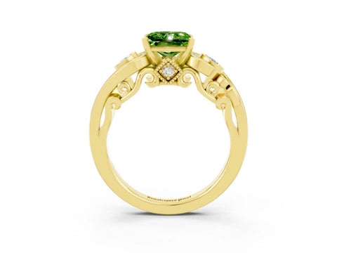 Yellow gold Princess Cut Peridot Solitaire Ring with Milgrain Pavé Band and Four-Prong Setting_27