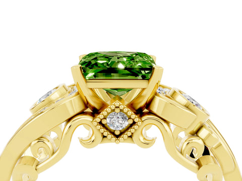 Yellow gold Princess Cut Peridot Solitaire Ring with Milgrain Pavé Band and Four-Prong Setting_28