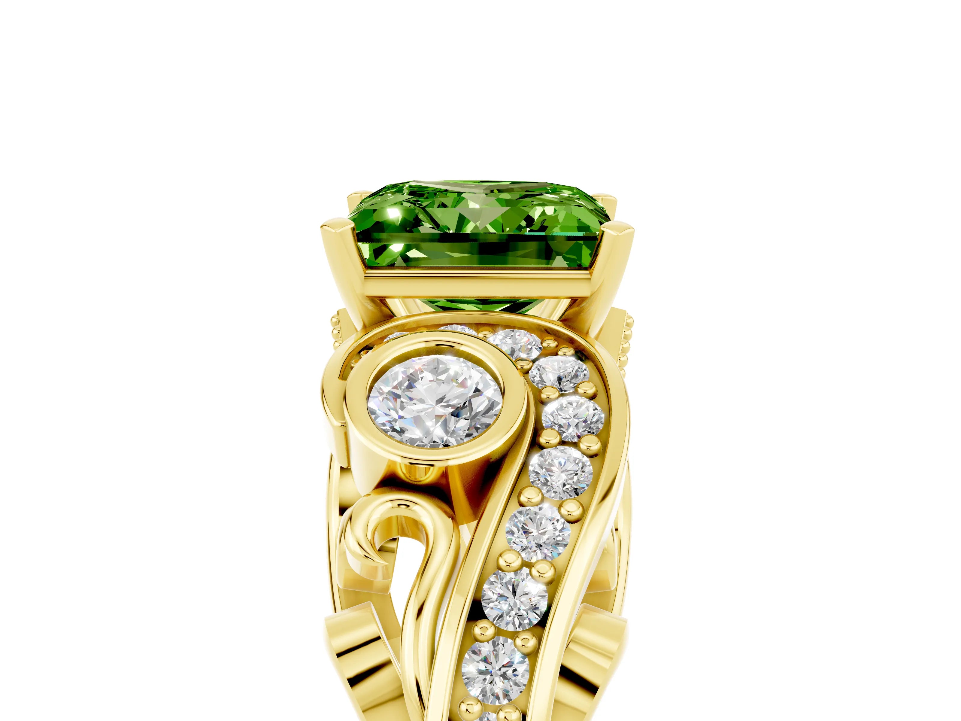 Yellow gold Princess Cut Peridot Solitaire Ring with Milgrain Pavé Band and Four-Prong Setting_29
