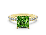Yellow gold Princess Cut Peridot Solitaire Ring with Pavé Accents and Four-Prong Setting