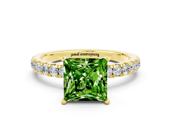 Yellow gold Princess Cut Peridot Solitaire Ring with Pavé Accents and Four-Prong Setting